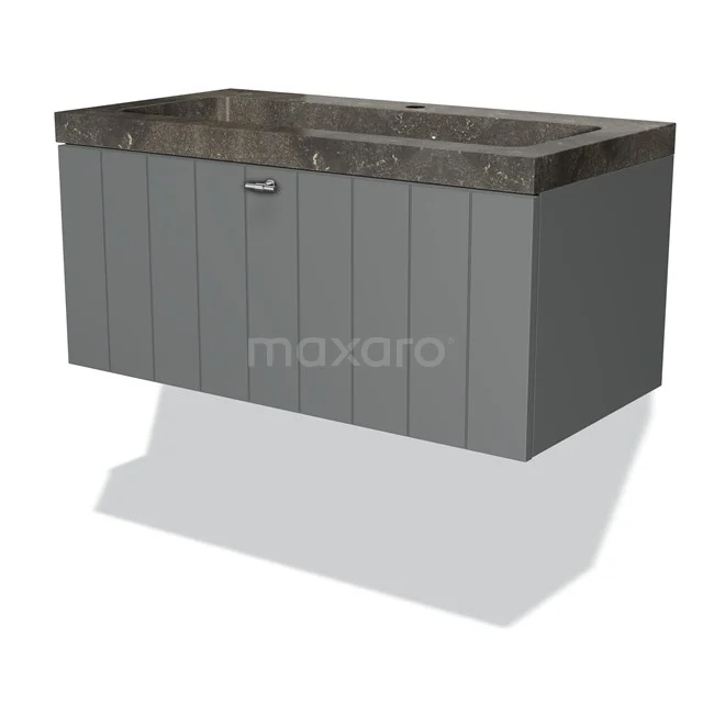 Grijs wandhangend badkamermeubel met houtnerfpatroon, betonkleurig wastafelblad en enkele lade, modern design.