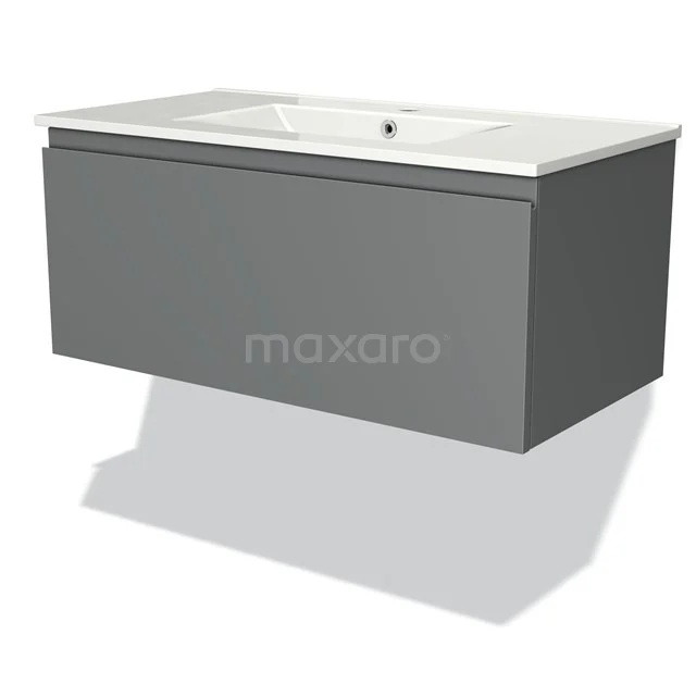 Grijze zwevende wastafelmeubelset met witte keramische wasbak, modern design, ideaal voor een strakke badkamerinrichting.