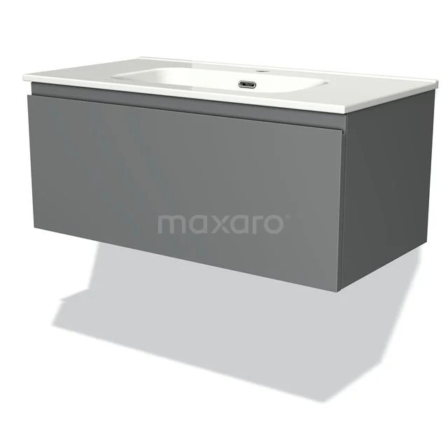 Grauer schwebender Badschrank mit weißem Waschbecken, modernes Design, ideal für stilvolle und platzsparende Bäder.