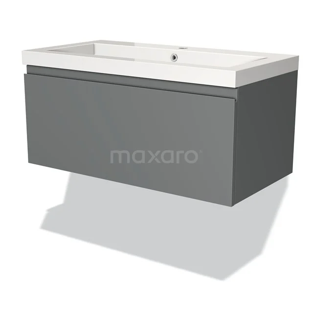 Graue schwebende Badmöbelset mit weißem keramischen Waschbecken, modernes Design ideal für kompakte Bäder.