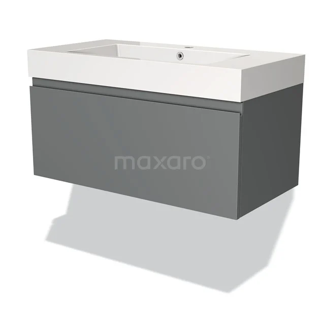 Grey vanity unit with a white ceramic countertop wash basin, sleek design, ideal for modern bathrooms.