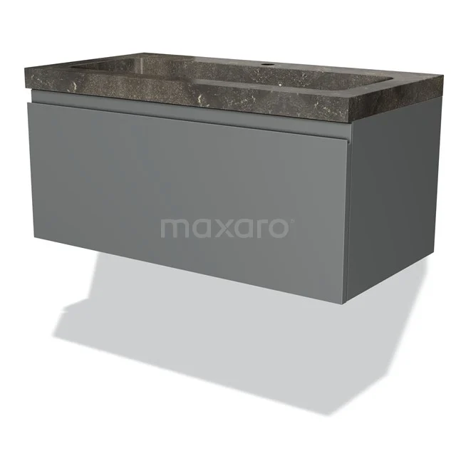 Graues Badezimmermöbel mit schwebendem Design, Holzoptik Waschtischplatte und integriertem Waschbecken, modern und stilvoll.