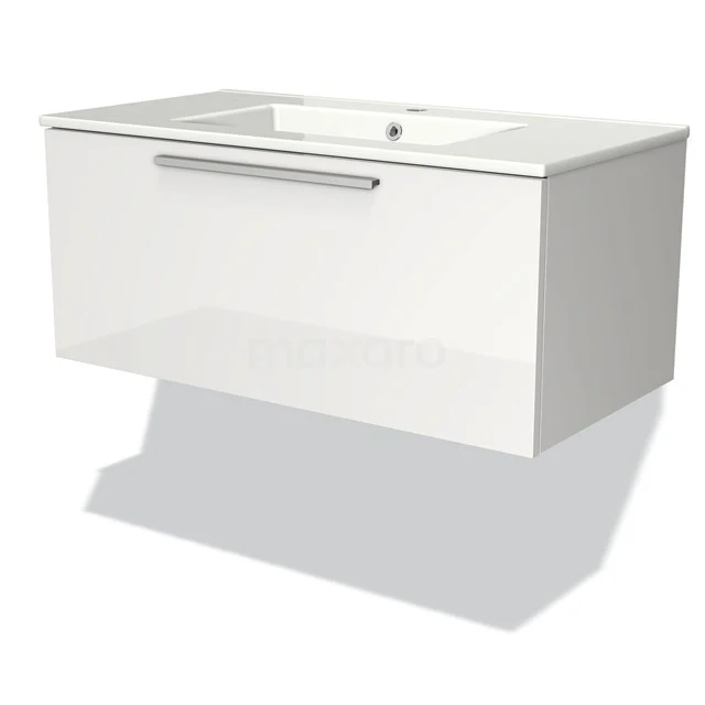 Modulo Bathroom furniture with sink | 90 cm High-gloss white Flat front Ceramic 1 drawer BMW11-00868 White suspended vanity units with basin, minimalist design and chrome handle.