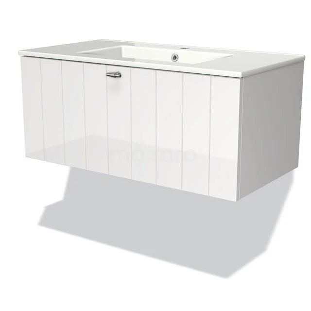 White hanging bathroom unit with single basin and vertical wood grain, ideal for a modern bathroom.
