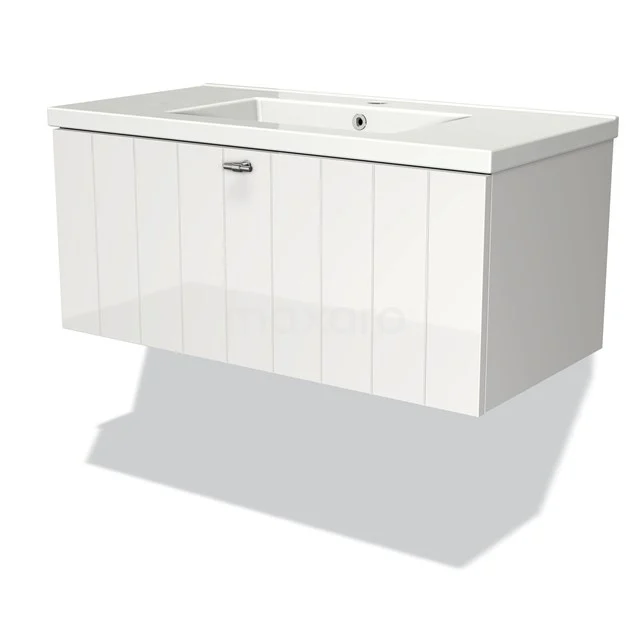 Modulo Bathroom furniture with sink | 90 cm High-gloss white Slat front Ceramic 1 drawer BMW11-00877 White hanging bathroom unit with single vanity unit with basin, horizontal lines and soft-close drawers, ideal for a modern bathroom.