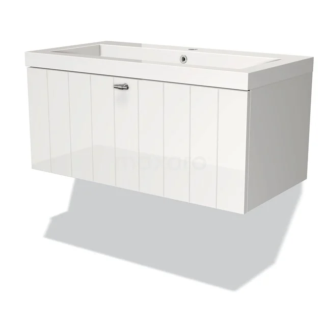 Modulo Waschtische | 90 cm Hochglanz Weiß Lamelle front Mineralguss 1 Schublade BMW11-00880 Weißes hängendes Badmöbel mit breiter Schublade und integriertem Waschbecken, modernes Aussehen, ideal für kompakte Bäder.