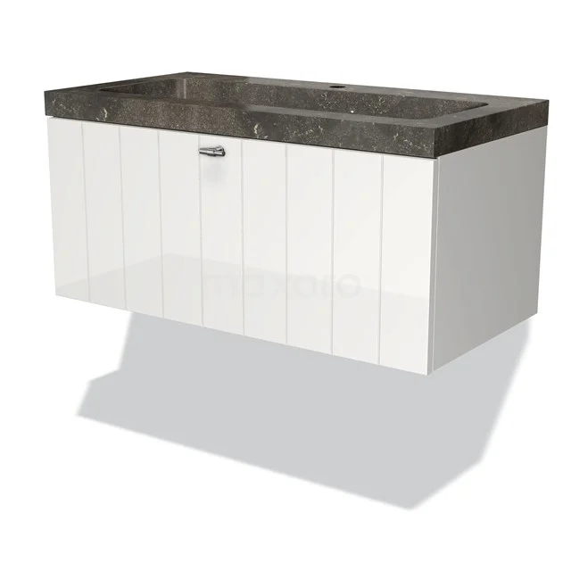 Modulo Vanity units with basin | 90 cm High-gloss white Slat front Natural stone 1 drawer BMW11-00883 White hanging bathroom unit with marble vanity units with basin, modern look and single drawer.