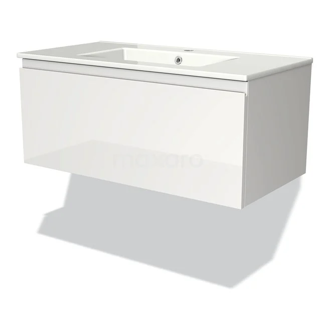 Modulo Vanity units with basin | 90 cm High-gloss white Handle-less front Ceramic 1 drawer BMW11-00884 White floating bathroom unit with glossy finish and integrated vanity units with basin, suitable for modern bathrooms.
