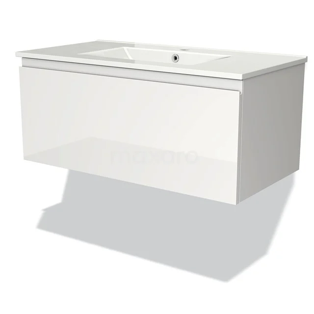 Modulo Bathroom furniture with sink | 90 cm High-gloss white Handle-less front Ceramic 1 drawer BMW11-00886 White suspended bathroom unit with glossy finish and integrated vanity units with basin, modern floating style.