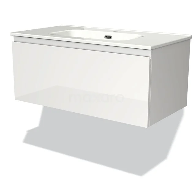 Weißes, schwebendes Badmöbel mit Waschbecken aus Keramik, minimalistisches Design, perfekt für moderne Badezimmerinterieurs.