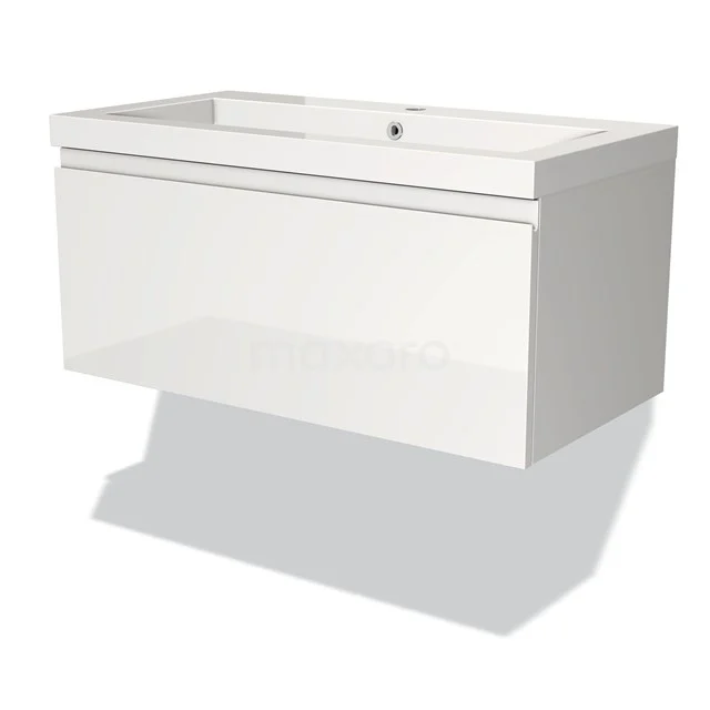 Modulo Vanity units with basin | 90 cm High-gloss white Handle-less front Mineral marble 1 drawer BMW11-00888 Wall-mounted bathroom unit in glossy white with drawers, sleek design, with space for a matching basin.