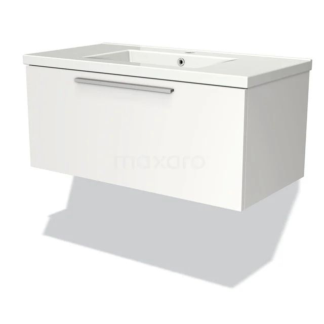 White floating bathroom cabinet with integrated basin, modern design, featuring a metal handle and smooth finish.