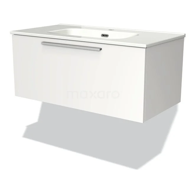 Weißes hängendes Badmöbel mit keramischem Waschbecken und silberfarbigem Haltegriff, elegantes Design für moderne Bäder.