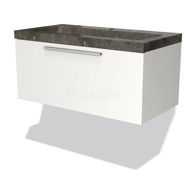 Modulo Vanity units with basin | 90 cm Matte white Flat front Natural stone 1 drawer BMW11-00899 Wall-mounted bathroom unit, white with dark marble worktop, modern design series, ideal storage for small bathrooms.