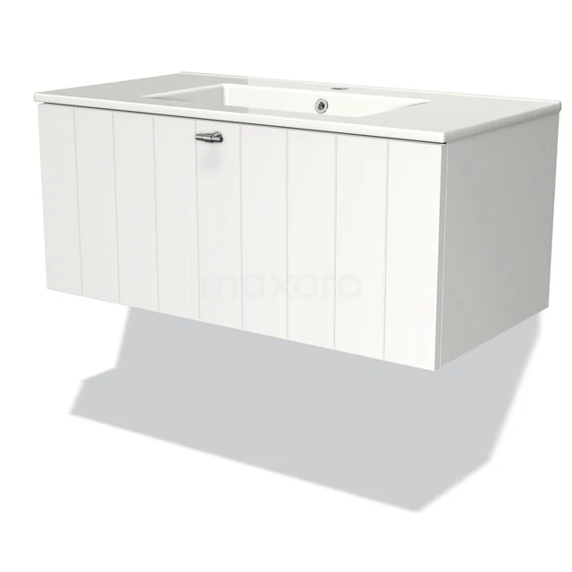 Modulo Waschtische | 90 cm Matt Weiß Lamelle front Keramik 1 Schublade BMW11-00900 Weißes hängendes Waschtisch mit Paneeltüren, klassisches Design, ideal als stilvoller Stauraum im Badezimmer.