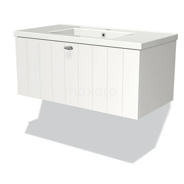 White hanging bathroom unit with paneled doors, integrated vanity units with basin and modern finish; perfect for stylish bathrooms.