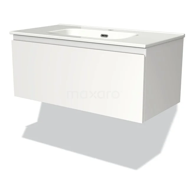 White floating bathroom furniture set with glossy basin, sleek design and 1 handleless drawer, ideal for modern bathrooms.