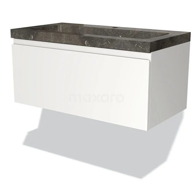Modulo Bathroom furniture with sink | 90 cm Matte white Handle-less front Natural stone 1 drawer BMW11-00915 White hanging bathroom unit with drawer and black natural stone basin worktop, sleek design suitable for modern bathrooms.