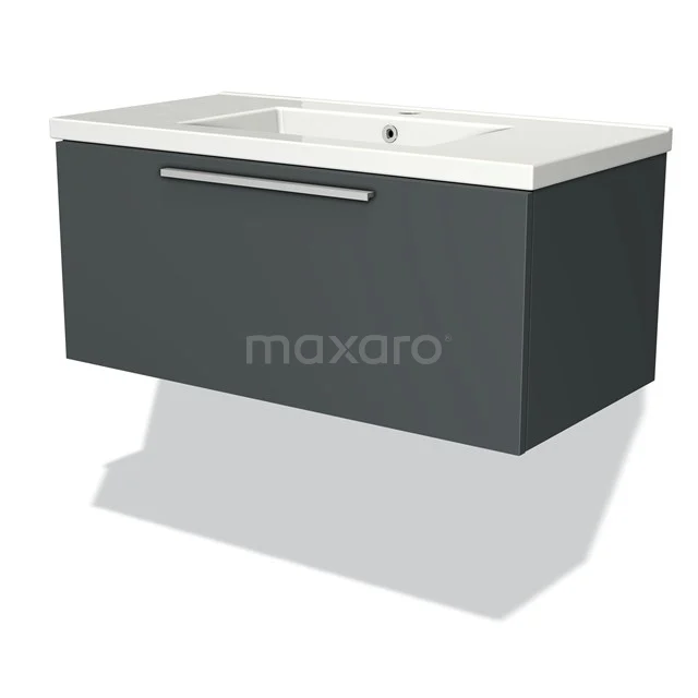 Anthrazitgraues schwebendes Badezimmermöbel mit Waschbecken, gerade Linien und metallischem Haltegriff, modernes Design.