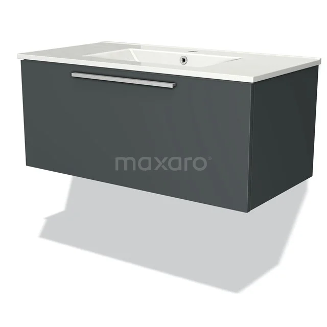 Grauer hängender Badschrank mit integrierter weißer Waschbecken, modernes Design und geräumigem Stauraum.