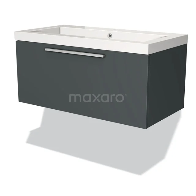 Anthracite bathroom unit with sleek wall mounting, wide white vanity units with basin and modern aluminium handle.
