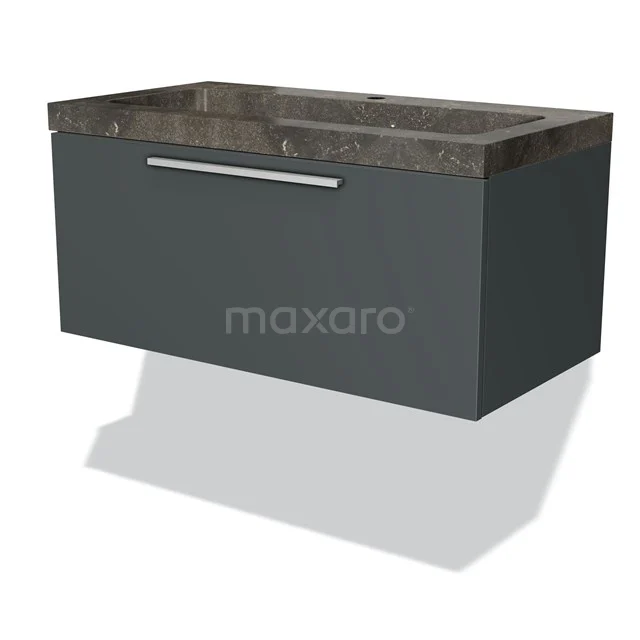 Modern hanging vanity unit, matt grey with stone worktop, sleek design; ideal for stylish bathroom design.