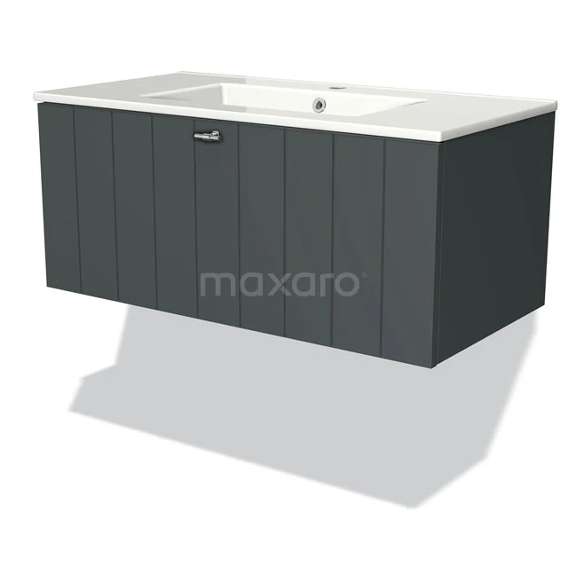 Floating grey bathroom furniture set with wood look and soft-close drawers, including built-in ceramic basin.