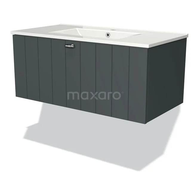 Modern black bathroom furniture set with basin, wood-look finish and soft-close drawers for stylish and practical use.