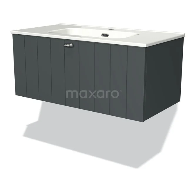 Antrazit schwebendes Badezimmermöbel mit integriertem Waschbecken, grifflose Schublade und modernem Lamellen-Design.