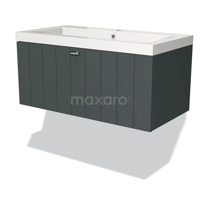 Dunkelgrauer schwebender Badschrank mit Holzoptik, integriertem Waschbecken und minimalistischem Design.