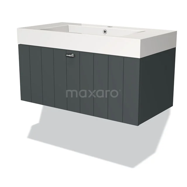 Modulo Waschtische | 90 cm Dunkelgrau Lamelle front Mineralguss 1 Schublade BMW11-00929 Dunkelgrau Holz Badezimmermöbel mit weißem Waschbecken, modernes Design und klare Linien, ideal für ein stilvolles Badezimmer.