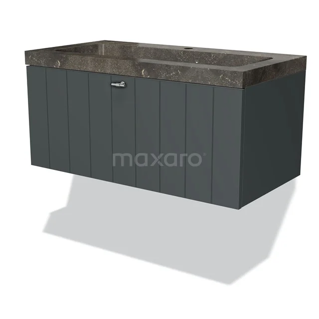 Badmöbel 90cm Modulo Dunkelgrau 1 Schubladen-Lamellen-Waschbecken aus Naturstein BMW11-00931 Graues hängendes Waschtisch mit dunkler Marmorplatte, Holzpaneelen und Schublade, ideal für ein modernes Badezimmer.