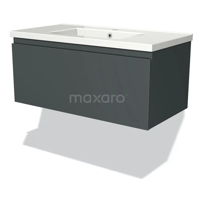 Antrazit schwebendes Badezimmermöbel mit weißer Waschtischplatte, moderne Ausführung, geradliniges Design und Softclose Schubladen.