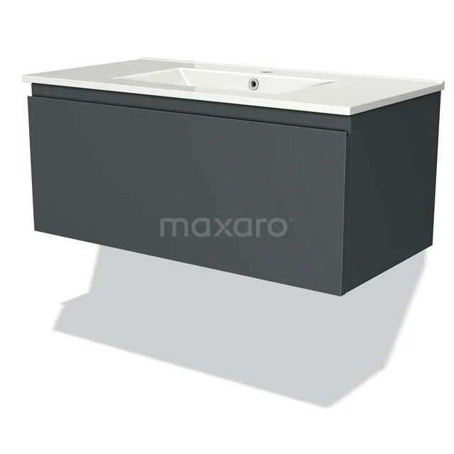 Dunkelgrauer Waschbeckenunterschrank mit integrierter Keramikwaschbecken, ideal für moderne Badezimmeraufstellungen.