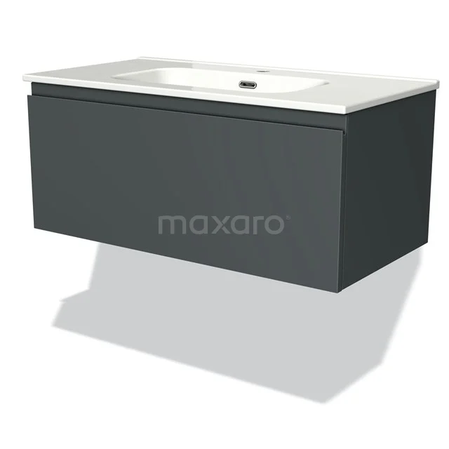 Dark grey bathroom furniture set with floating design, white basin and sleek modern design.