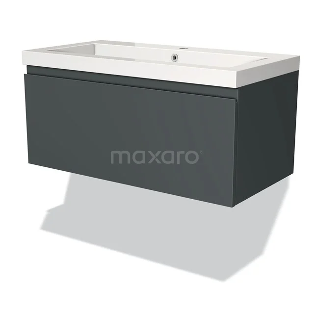 Dunkelgrauer hängender Badschrank mit weißem Waschbecken, elegantes Design, ideal für einen modernen Badezimmerstil.