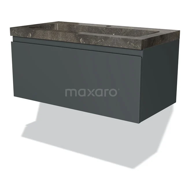 Dark grey floating bathroom unit with natural stone vanity units with basin and soft-close drawer, modern and sleek design.