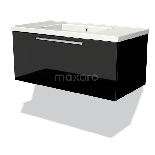 Black wall-mounted bathroom unit with glossy finish and white basin, modern design, ideal for stylish bathroom design.