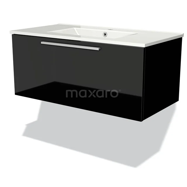 Modulo Vanity units with basin | 90 cm High-gloss black Flat front Ceramic 1 drawer BMW11-00942