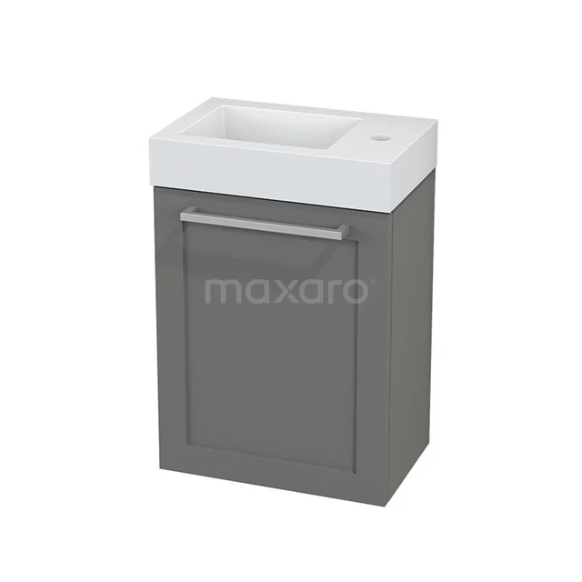 Grey vanity unit with integrated white sink, modern finish and sleek design, ideal for a compact bathroom.