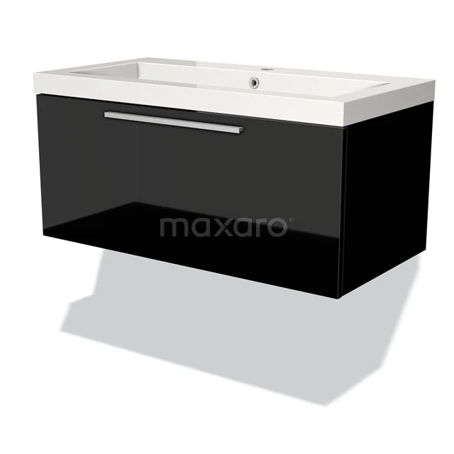 Black hanging vanity unit with high-gloss finish, integrated basin and chrome handle, perfect for modern bathrooms.