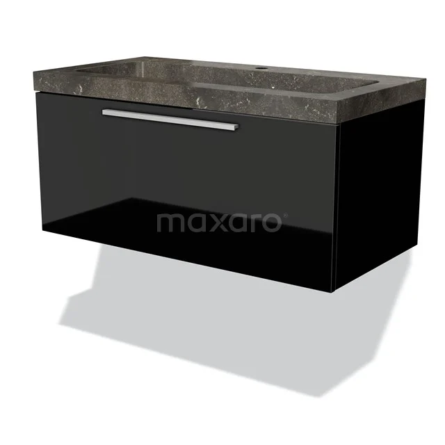Black floating bathroom cabinet with one drawer, featuring a natural stone look basin, stylish and modern design.