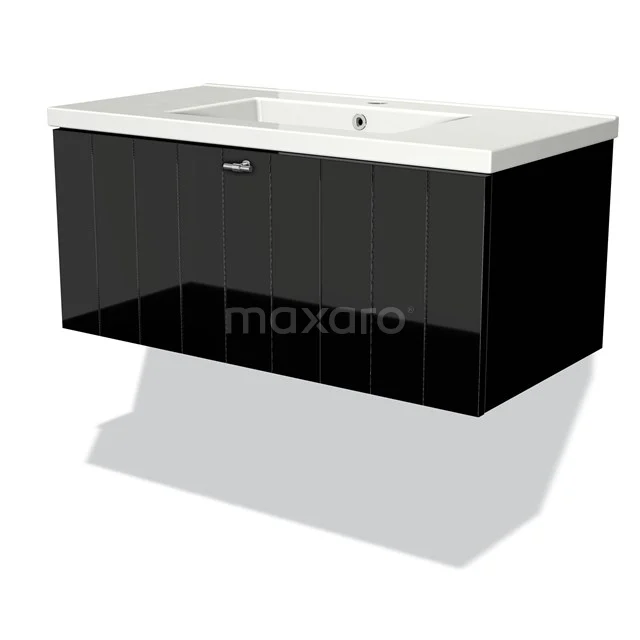 Modulo Vanity units with basin | 90 cm High-gloss black Slat front Ceramic 1 drawer BMW11-00949 Black floating bathroom furniture set with glossy finish and integrated basin, sleek modern look.