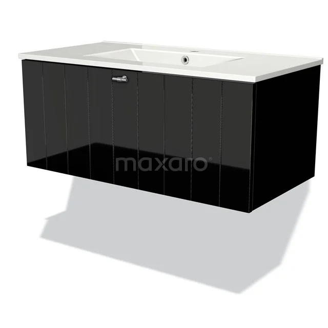 Modulo Badkamermeubel met wastafel | 90 cm Hoogglans zwart Lamel front Keramiek 1 lade BMW11-00950