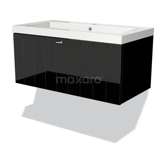 Black wall-hung bathroom furniture set with glossy finish and white ceramic basin, modern and sleek design.