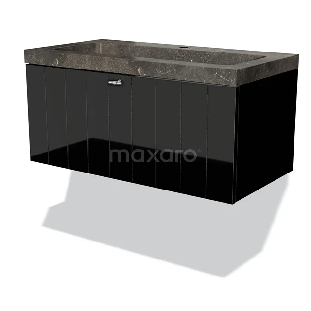 Black basin base cabinet with drawers, featuring a dark marble worktop, ideal for modern bathroom design.