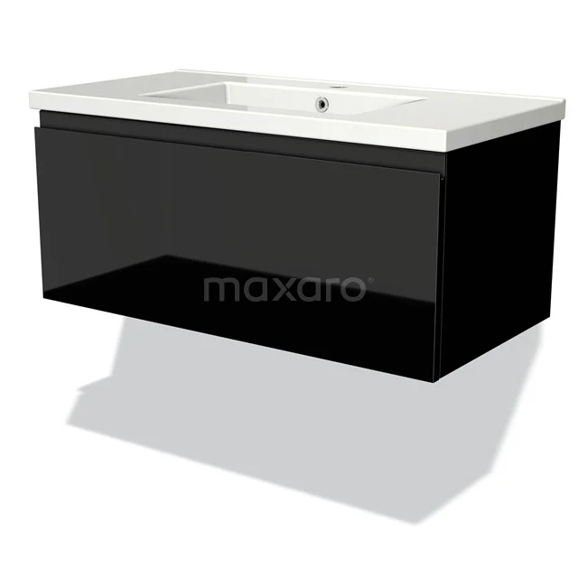 Modulo Vanity units with basin | 90 cm High-gloss black Handle-less front Ceramic 1 drawer BMW11-00957 Black floating bathroom cabinet with built-in white basin, modern design and glossy finish.