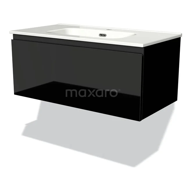 Black floating basin base unit with a white ceramic basin, ideal for modern bathroom design.