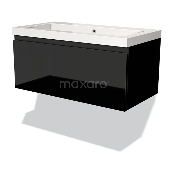 Black floating basin with glossy drawers, white ceramic countertop wash basin, ideal for stylish bathroom design.