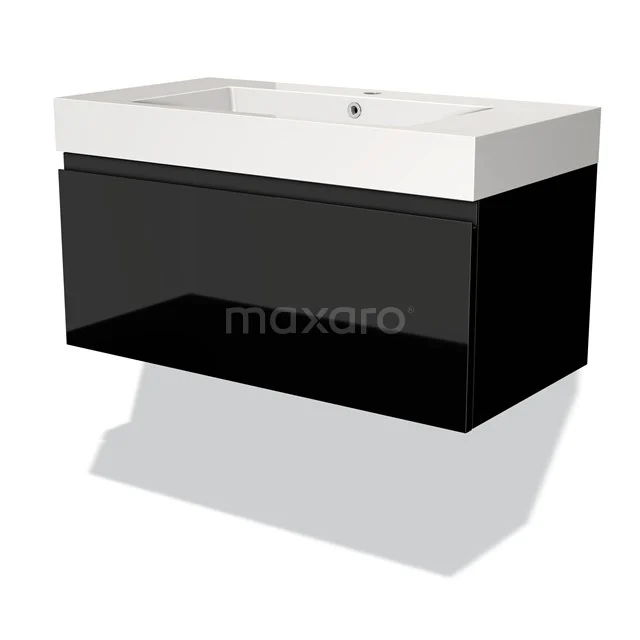 Schwarz-weiß schwebendes Badezimmermöbel mit glänzender Oberfläche, keramischem Waschbecken und klarem Design für moderne Badezimmerinterieurs.